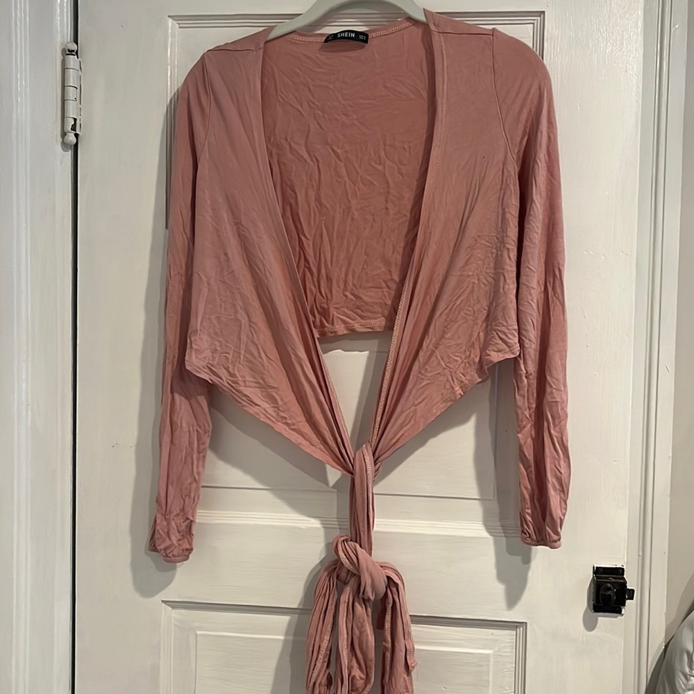 Long Sleeve Light Pink Wrap Up Crop Top